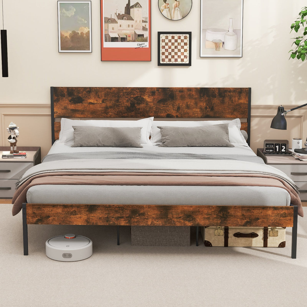 Twin/Full/Queen/King Metal Bed Frame with Wooden Headboard and Footboard-King Size