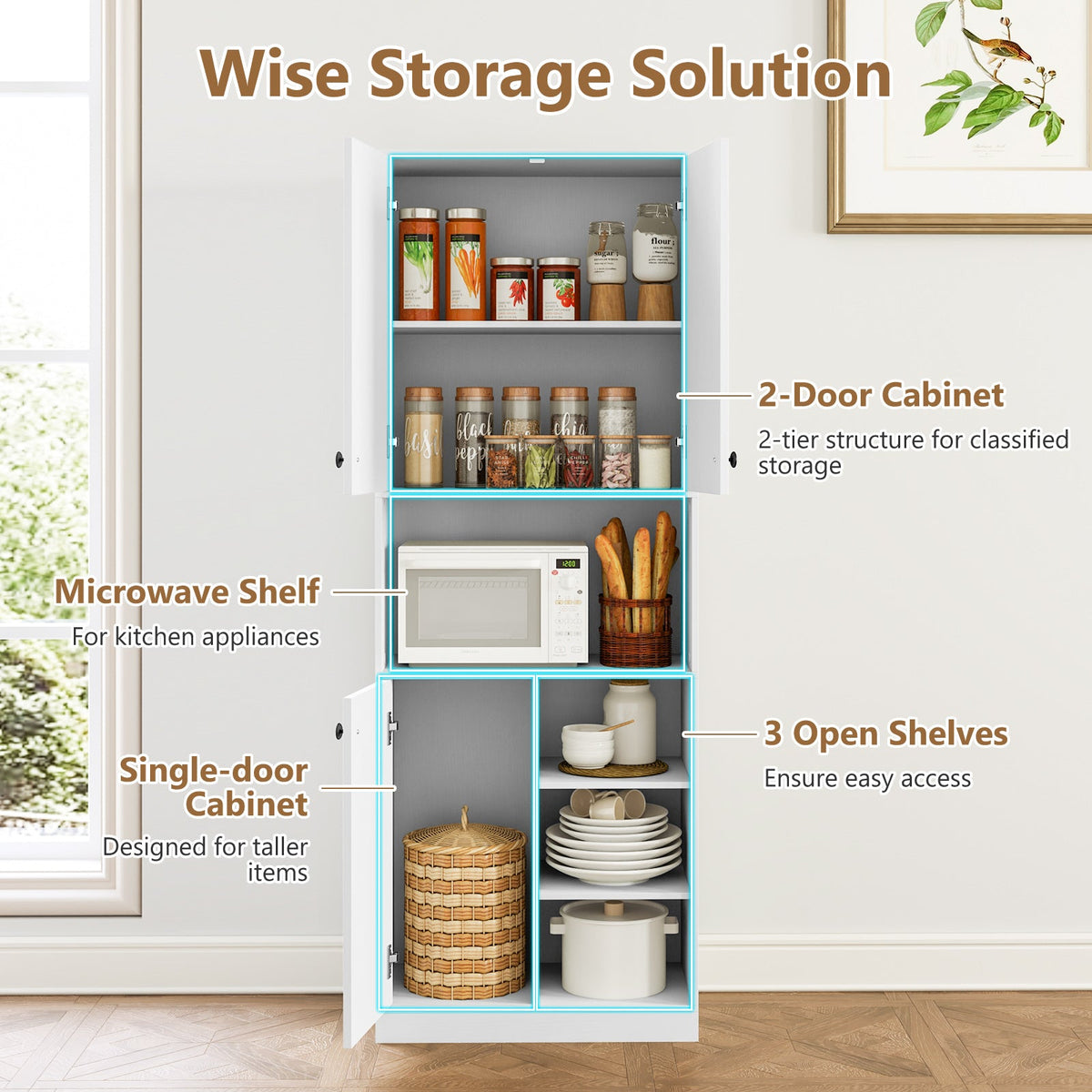 Kitchen Pantry Storage Cabinet with Microwave Stand and Open Shelves
