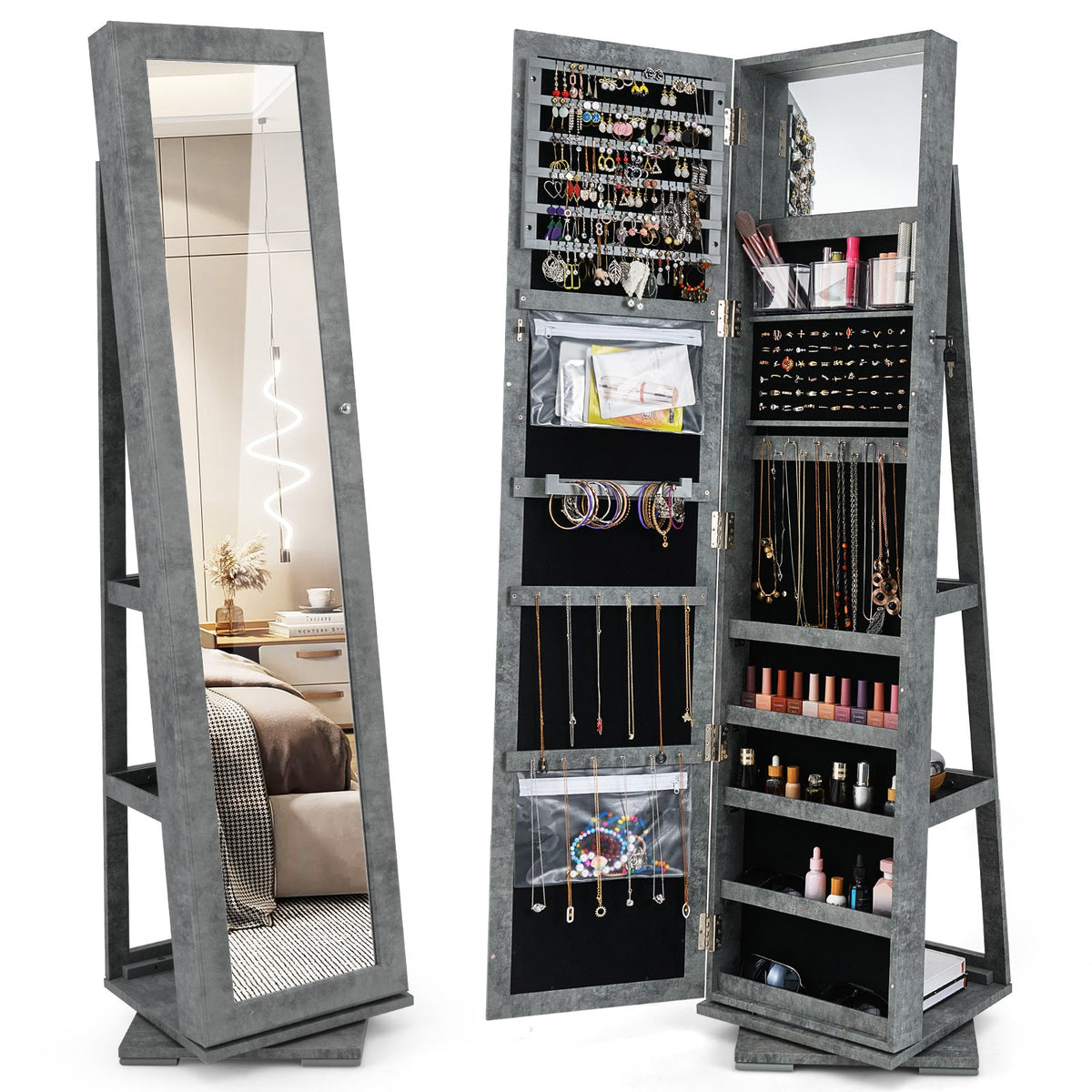 360° Rotatable 2-in-1 Lockable Jewelry Cabinet with Full-Length Mirror