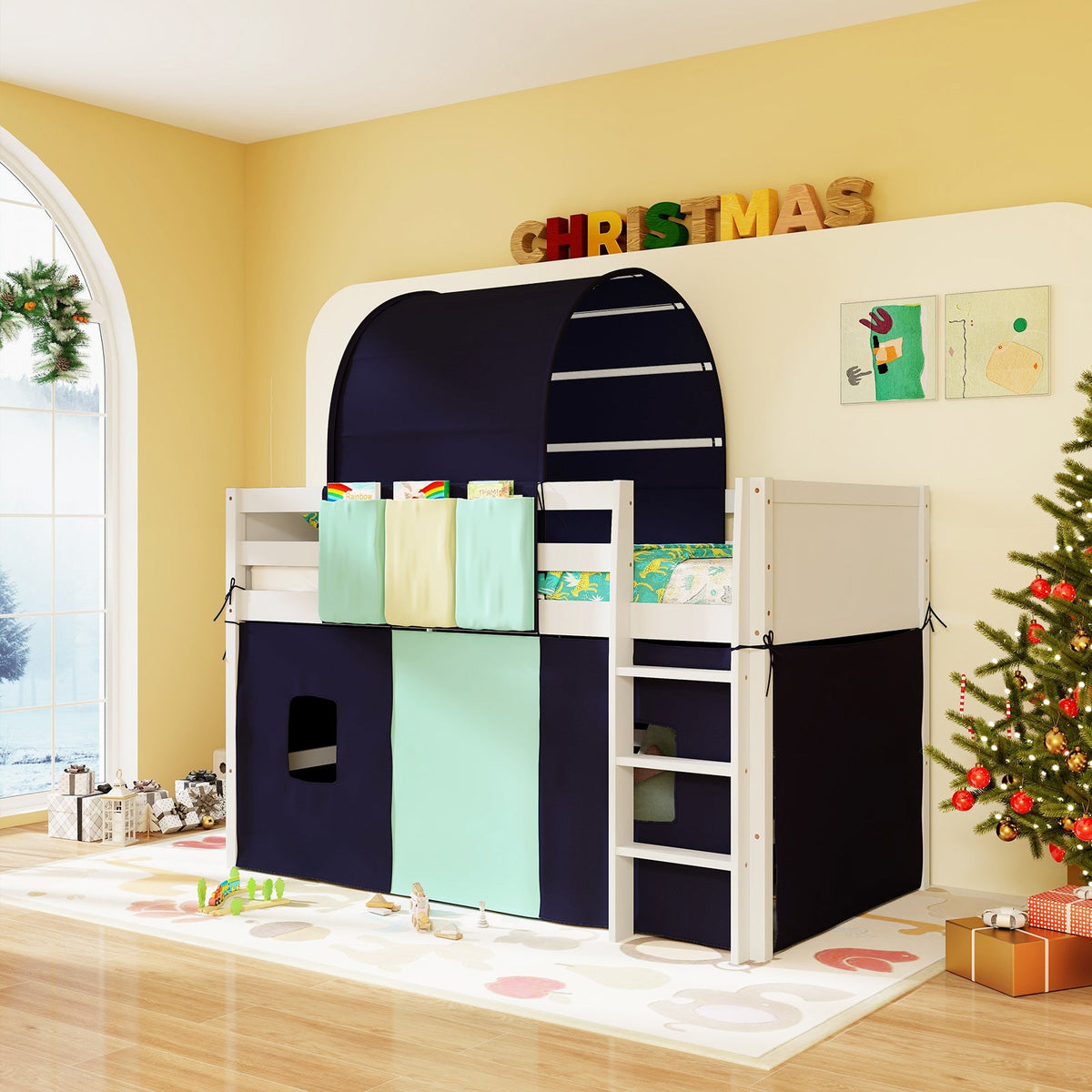 Twin Size Loft Bed Playhouse Bed Frame with Tower Tent and 3 Storage Pockets