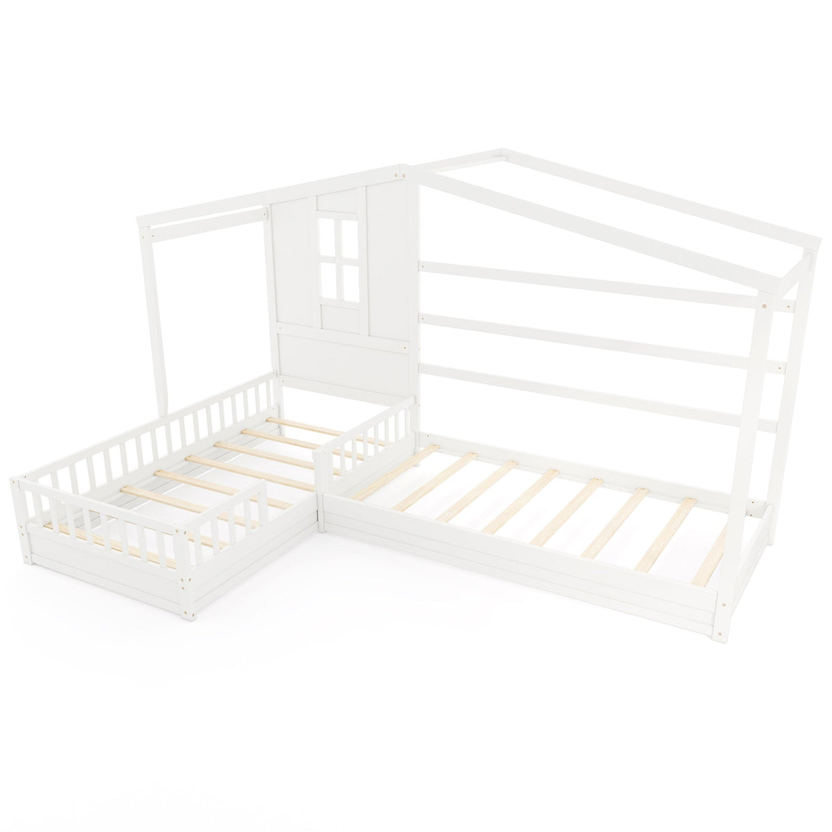 L-shaped Double Twin Beds House Platform Beds with Fences Corner Bed Frame