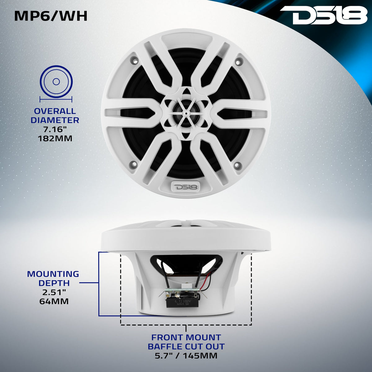 MP 6.5" 2-Way Coaxial Marine Speaker 60 Watts Rms 4-Ohm -White DS18