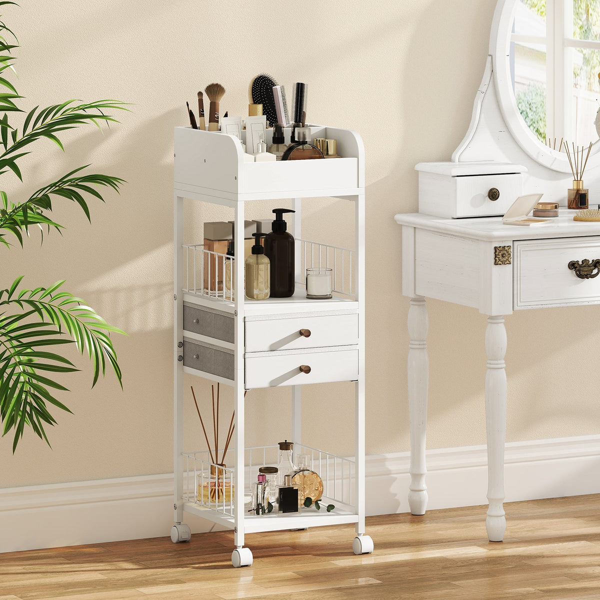 Makeup Organizer Floor Skincare Organizer Cart with Drawers and Storage Shelves-White