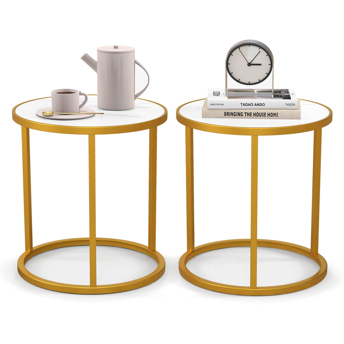 Marble Top Round Side Table 16-Inch End Table with Golden Metal Frame