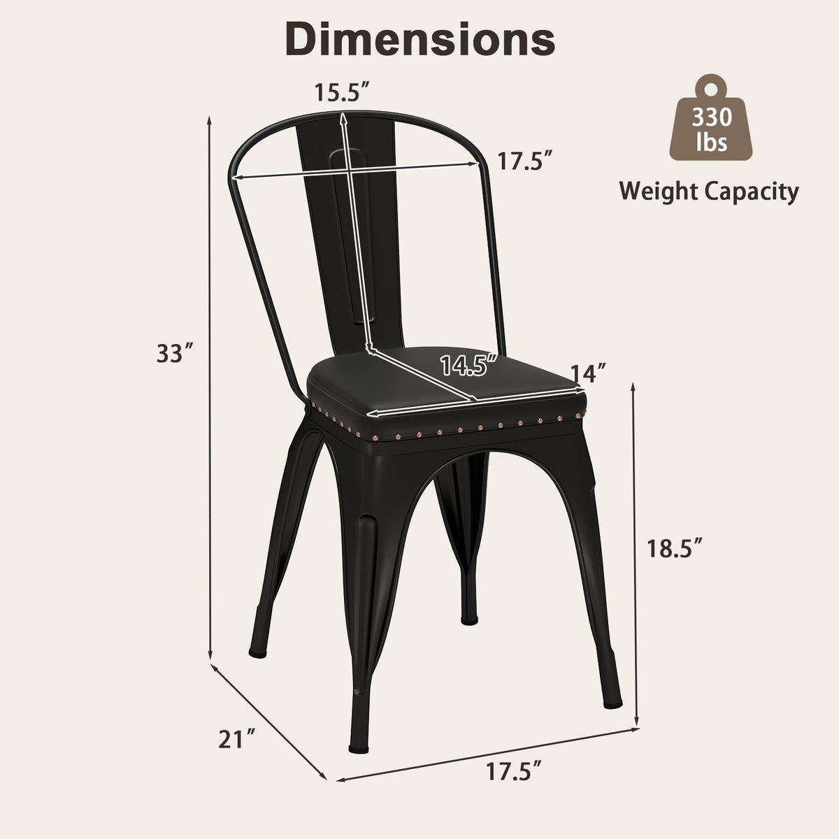 Metal Dining Chair Set of 4 Stackable Kitchen Chairs with Removable Backs and PU Leather Cushioned Seat-Black
