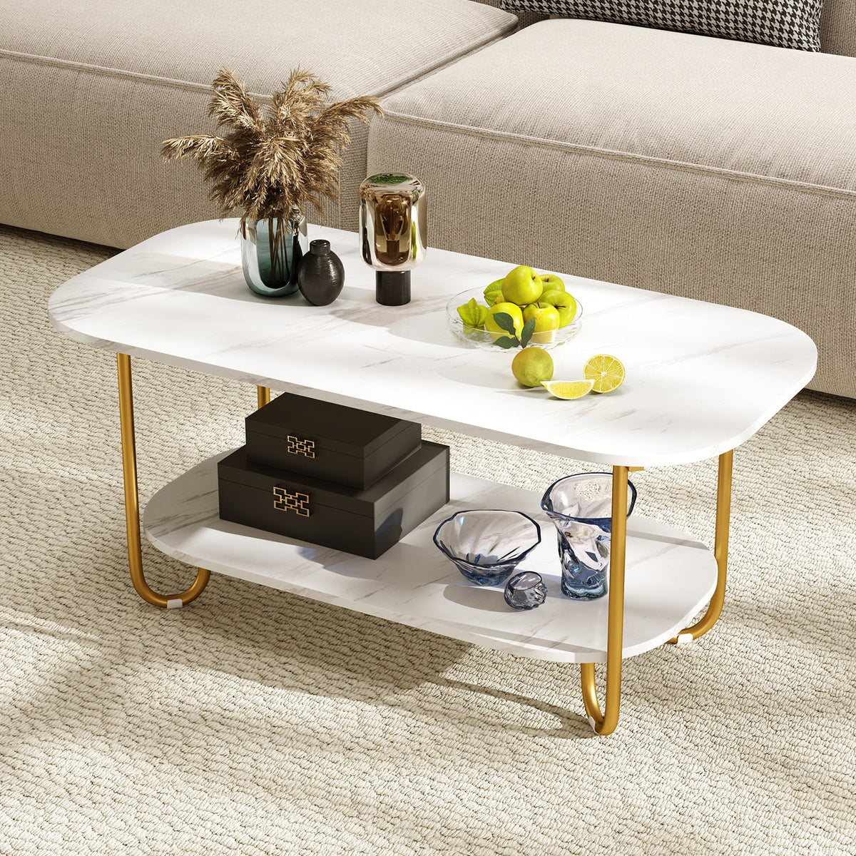 Modern 2-tier Faux Marble Top Coffee Table-White