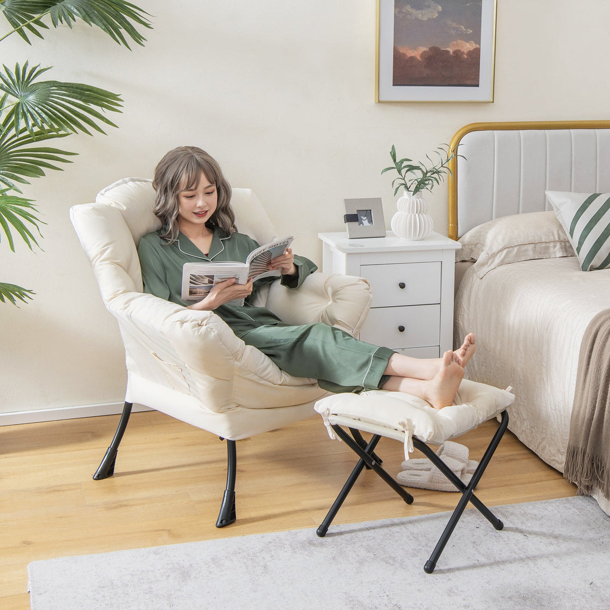 Modern Accent Sofa Chair with Folding Footrest and Side Pocket