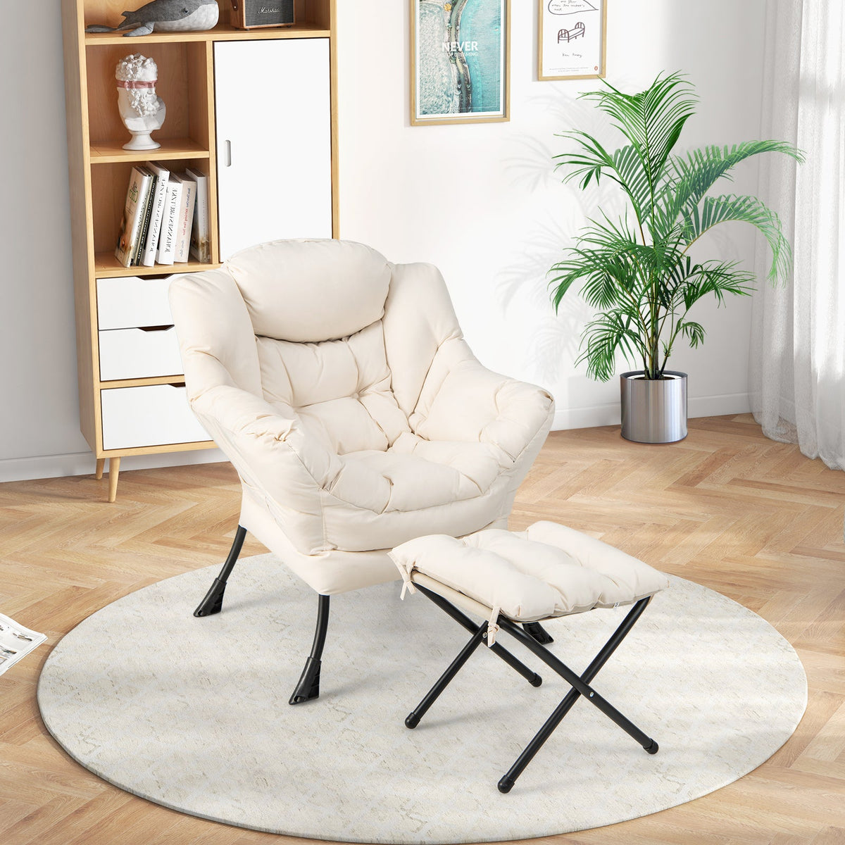 Modern Accent Sofa Chair with Folding Footrest and Side Pocket