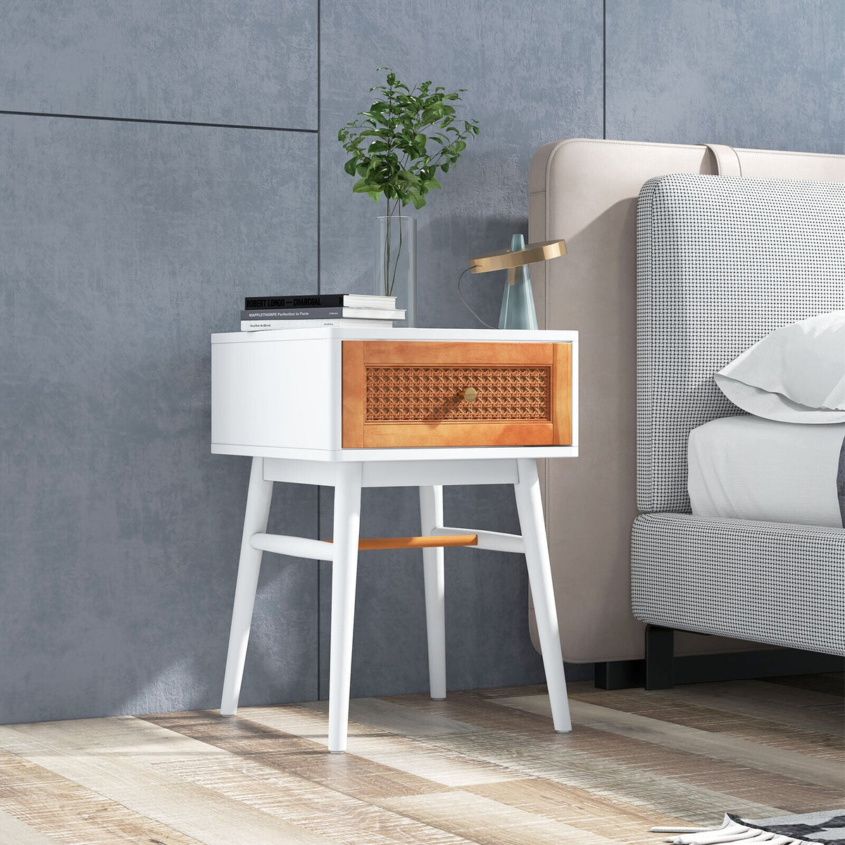 1-Drawer Modern Bedside Table with Solid Wood Legs