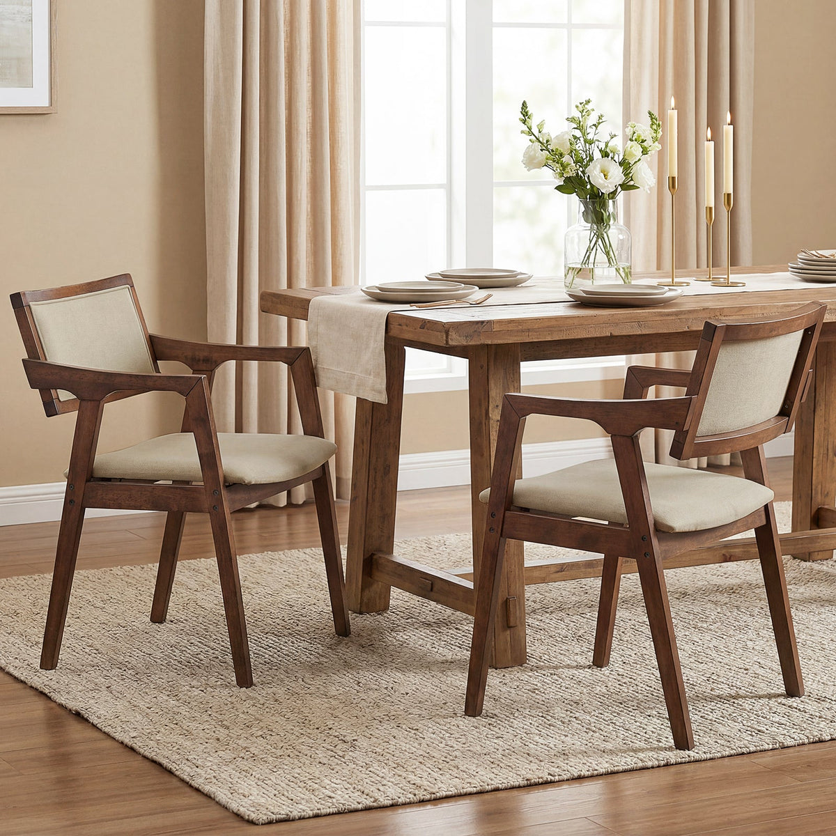 Modern Fabric Upholstered Rubber Wood Dining Chairs Set of 2 with Arms-Beige