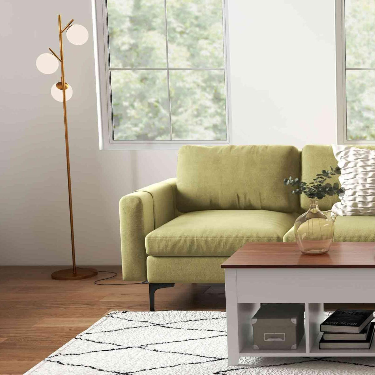 Modern Living Room Set: Modular L-shaped Sectional Sofa Lift Top Coffee Table & 3-Globe Floor Lamp