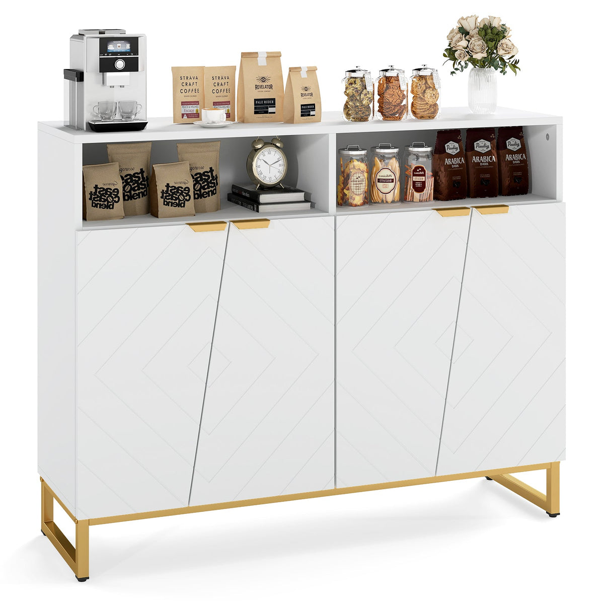Modern Sideboard Cabinet with 4 Doors and Adjustable Shelves-White