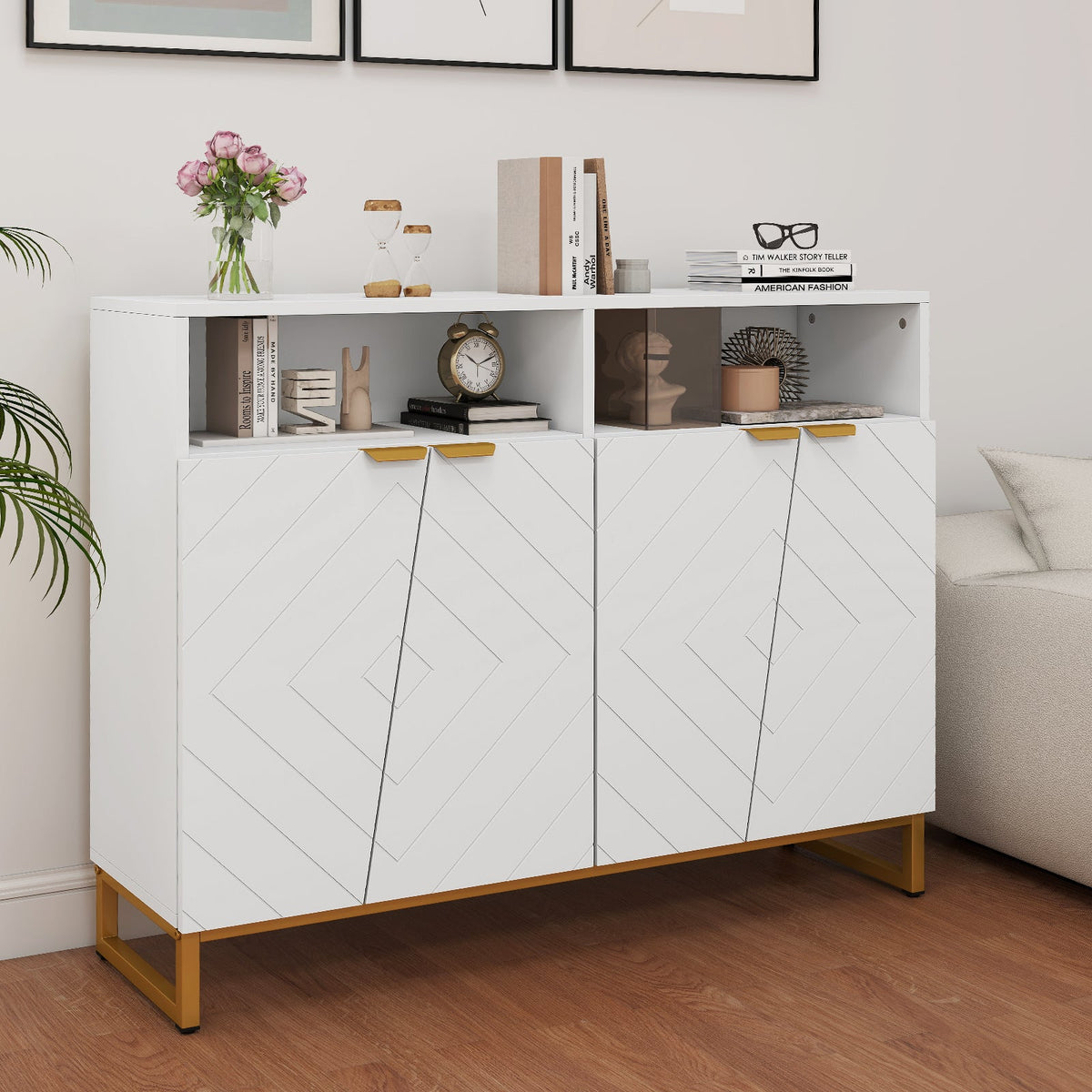 Modern Sideboard Cabinet with 4 Doors and Adjustable Shelves-White