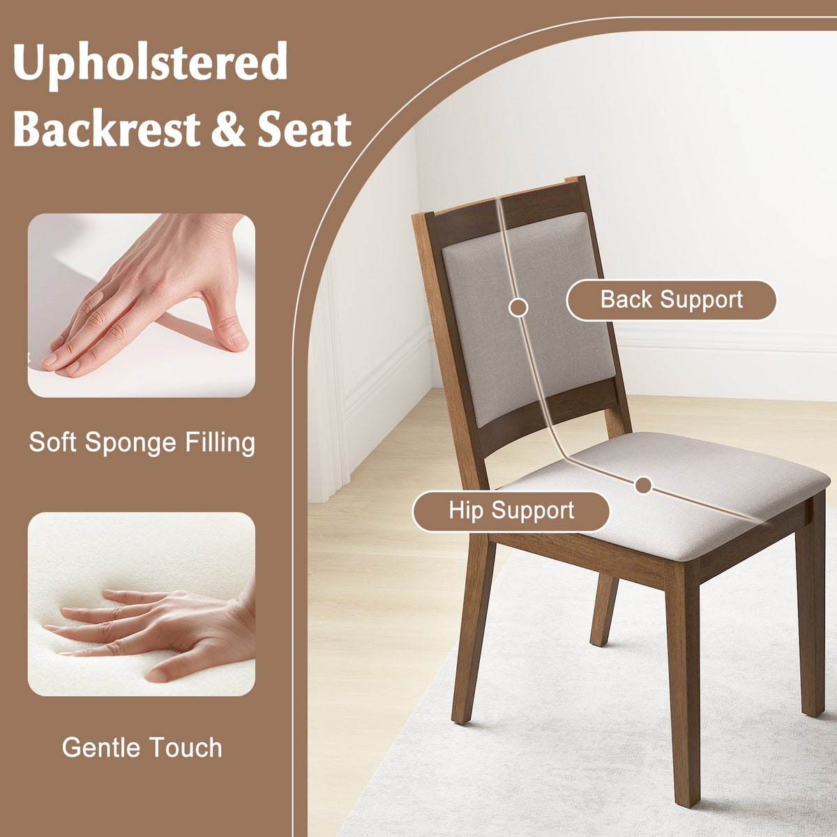 Modern Dining Upholstered Kitchen Chair Set of 2 with Padded Backrest-Brown