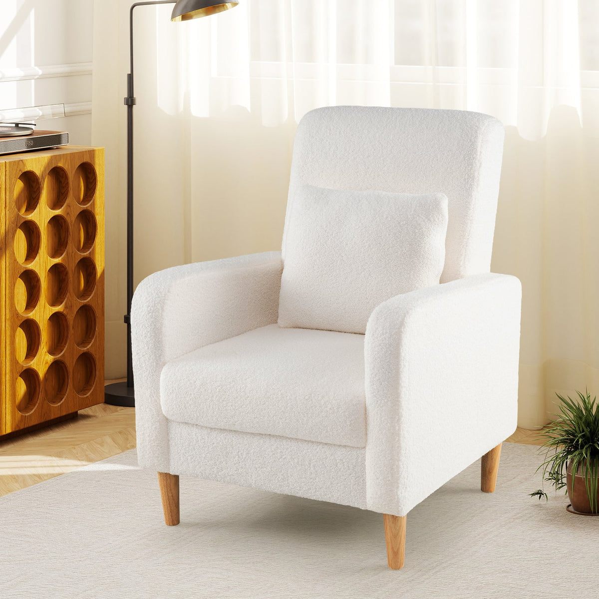 Modern Upholstered Sofa chair with Lumbar Pillow and Teddy Fleece Cover-White
