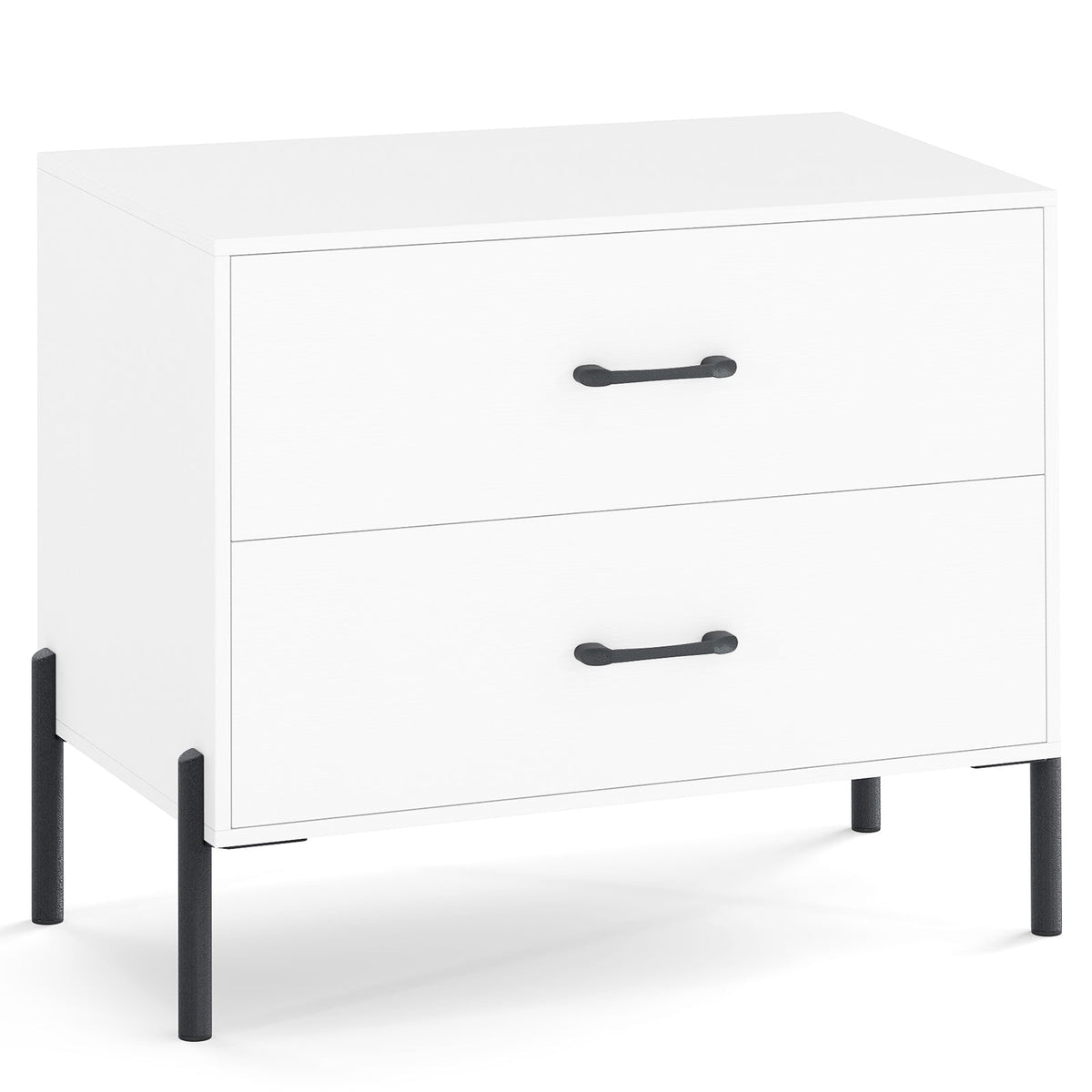 Modern Wooden 2-Drawer Nightstand with Metal Legs and Handles-White