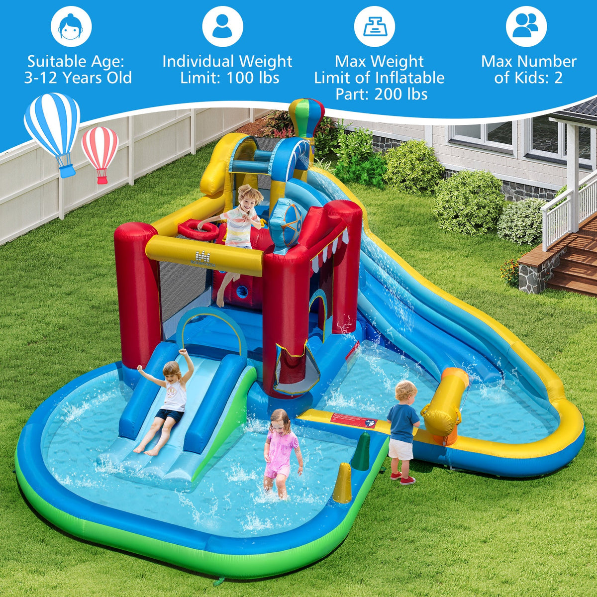 Inflatable Water Park with Splash Pool and Water Cannon for Birthday Party Without Blower