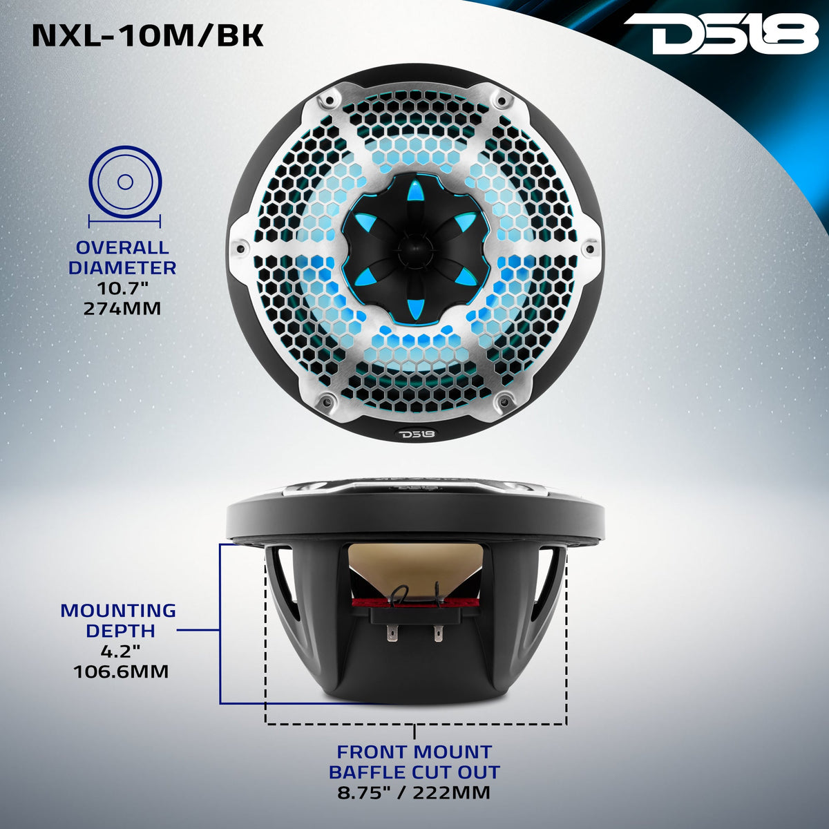 NXL 10" 2-Way Coaxial Marine Speaker With LED RGB Lights 200 Watts Rms 4-Ohm DS18