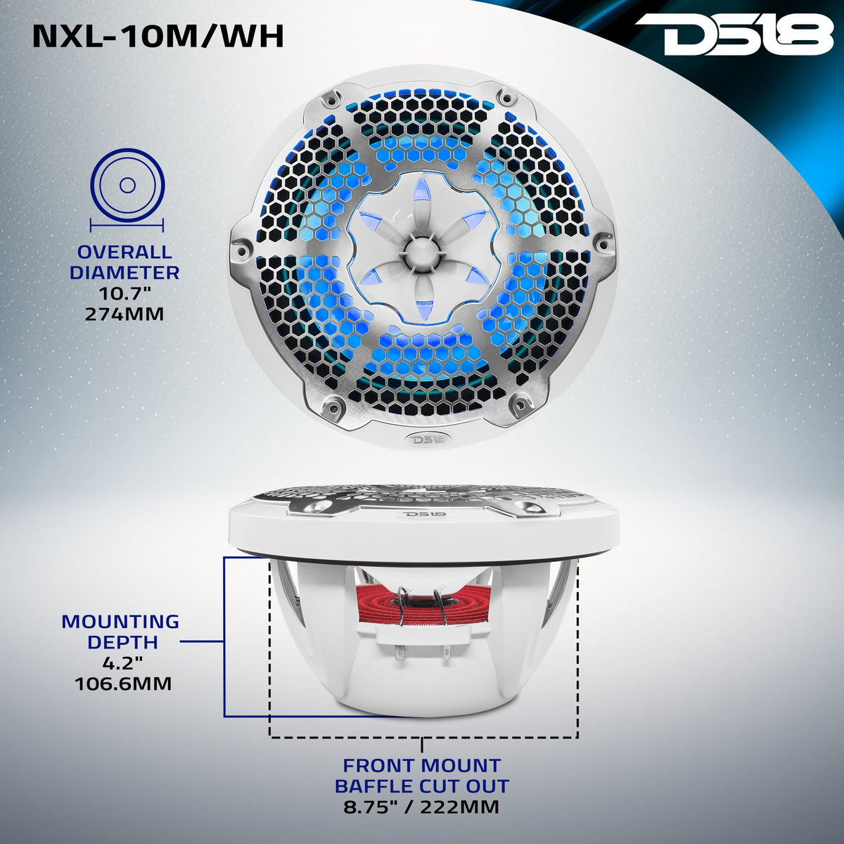 NXL 10" 2-Way Coaxial Marine Speaker with RGB LED Lights 200 Watts Rms 4-Ohm DS18