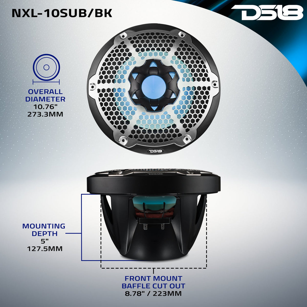 NXL 10" Marine Subwoofer with LED RGB Lights 300 Watts Rms SVC 4-Ohm DS18
