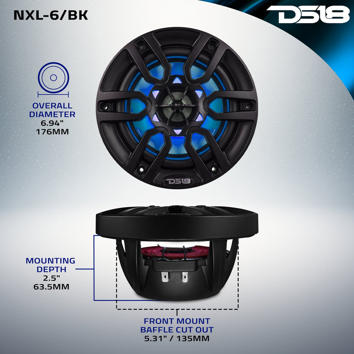 NXL 6.5" 2-Way Coaxial Marine Speaker with LED RGB Lights | 100W RMS 4-Ohm DS18