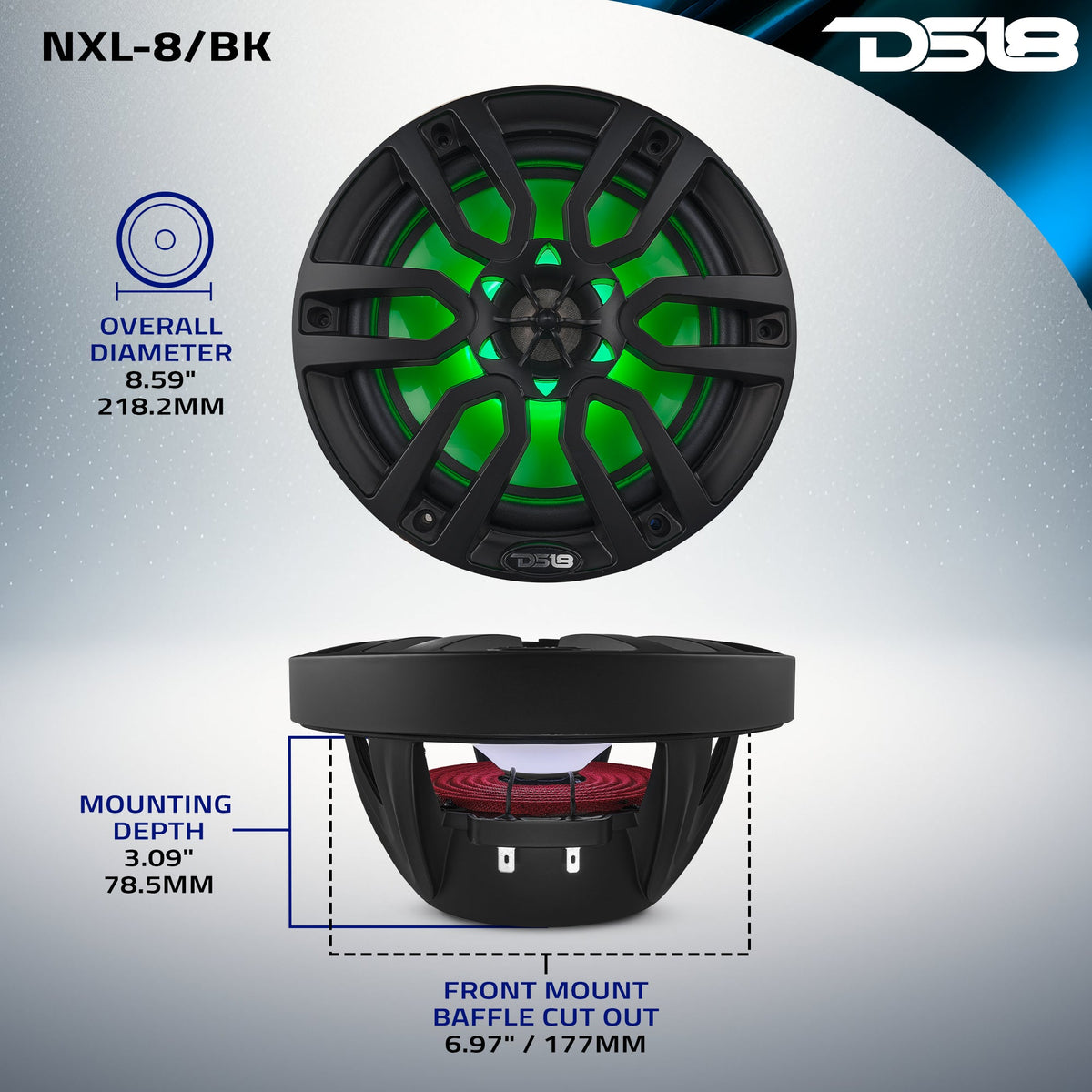 NXL 8" 2-Way Coaxial Marine Speaker with LED RGB Lights | 125W RMS 4-Ohm DS18