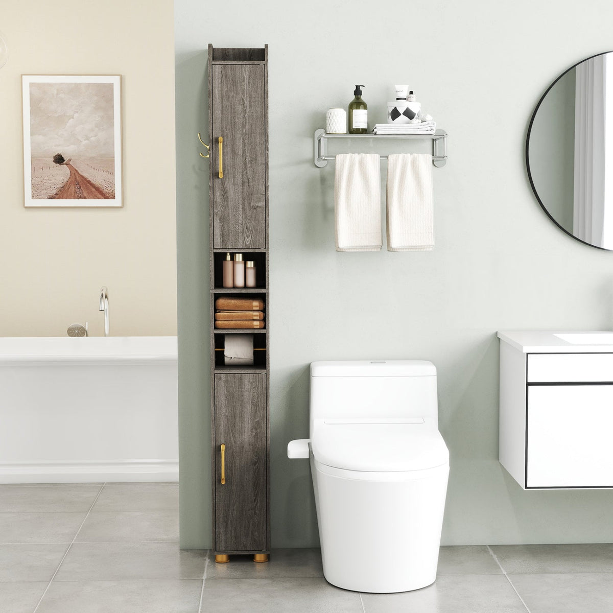 Narrow Bathroom Storage Cabinet with Shelves & Paper Holder DirectDeals
