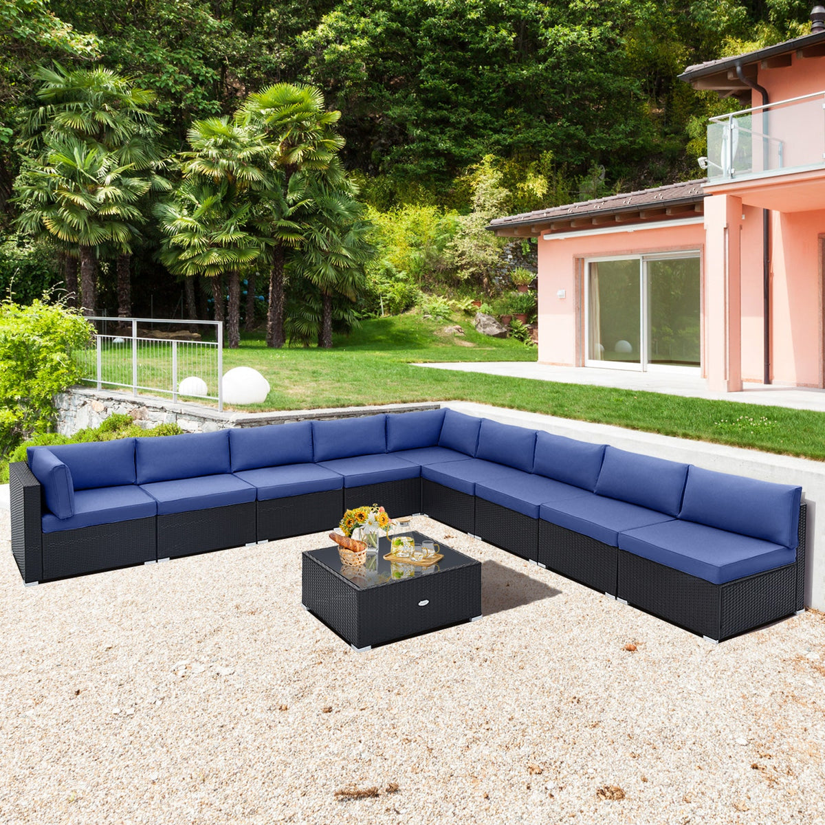 10 Piece Outdoor Wicker Conversation Set with Seat and Back Cushions