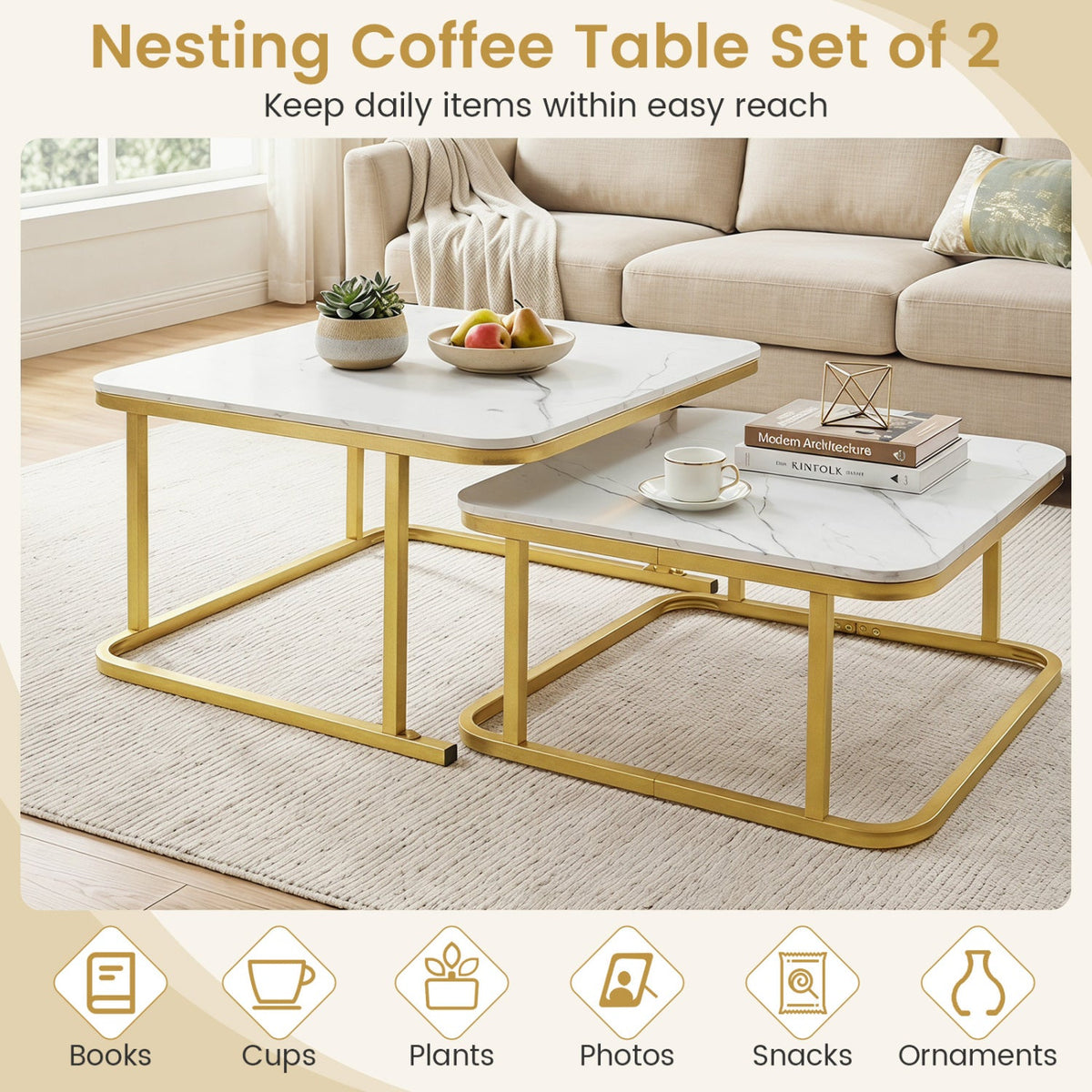 Nesting Coffee Table Set of 2 with Faux Marble Top DirectDeals