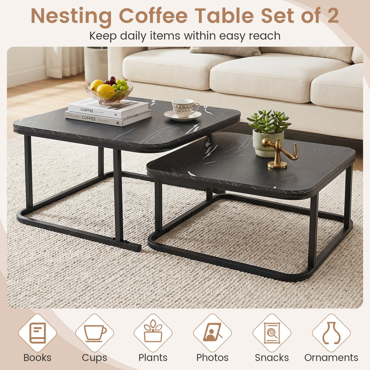 Nesting Coffee Table Set of 2 with Faux Marble Top DirectDeals