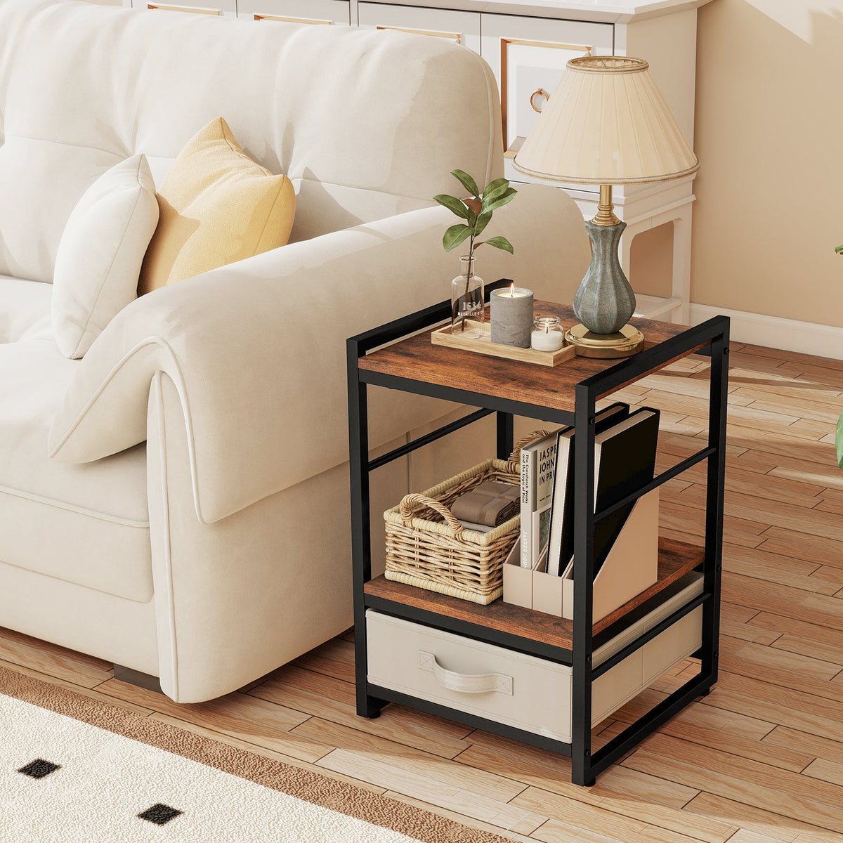Nightstand Industrial Bedside Table with Open Storage Shelf and Fabric Drawer-Rustic Brown