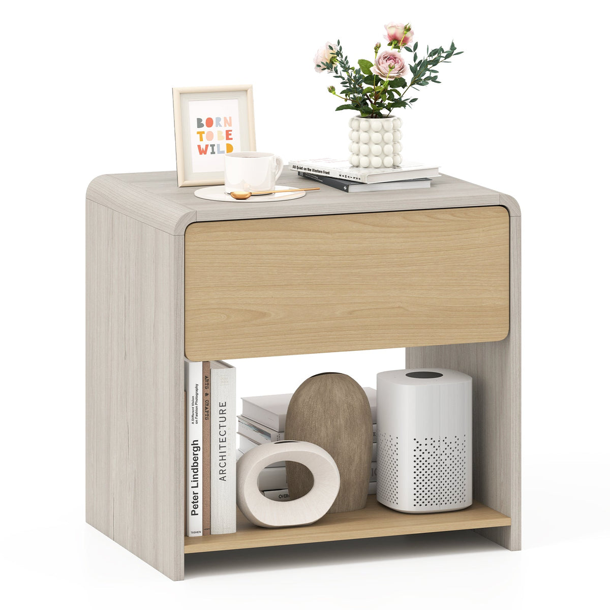 2-Tier Modern Style Nightstand with Drawer and Open Shelf-Oak