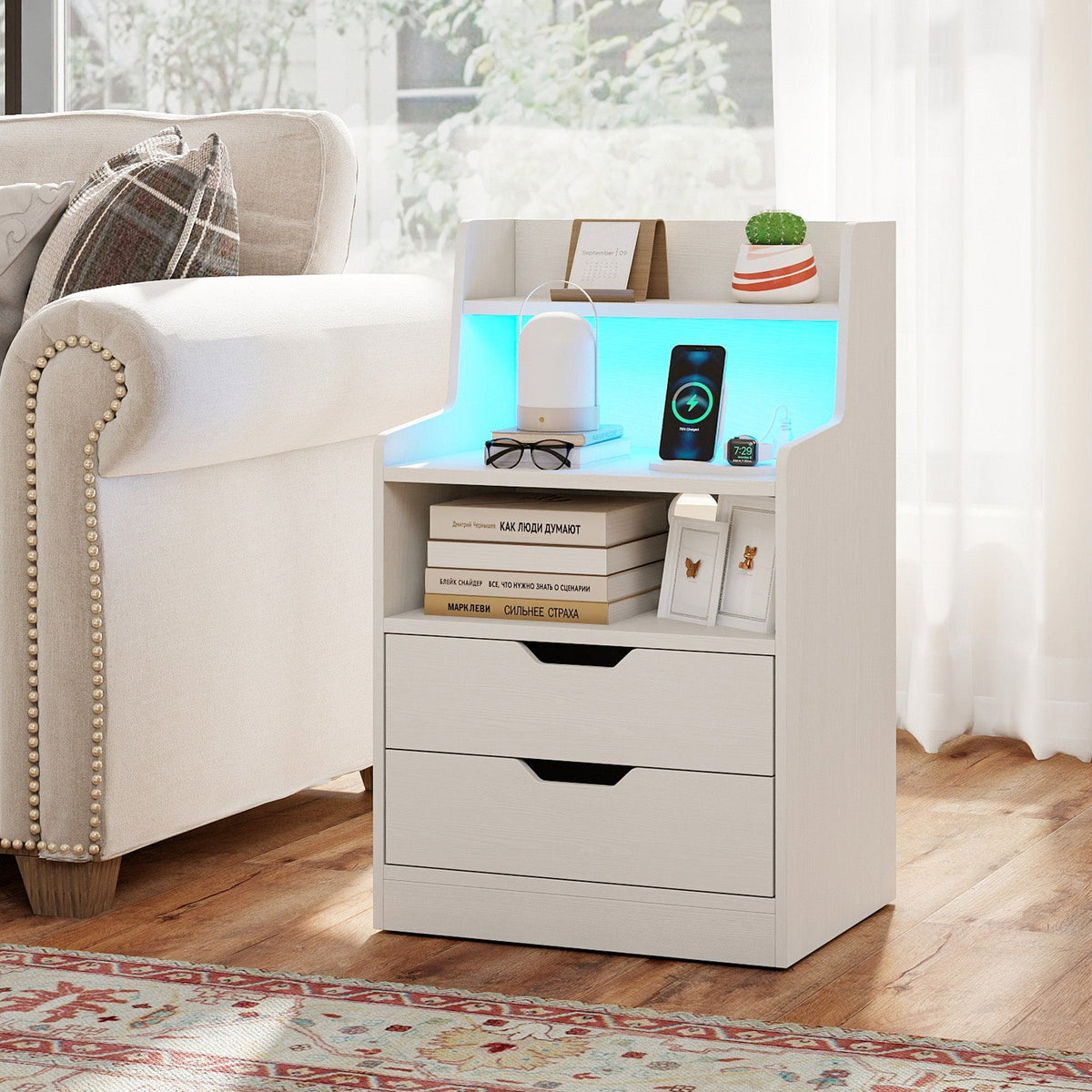 Nightstand with LED Light and Charging Station for Living Room Bedroom-White