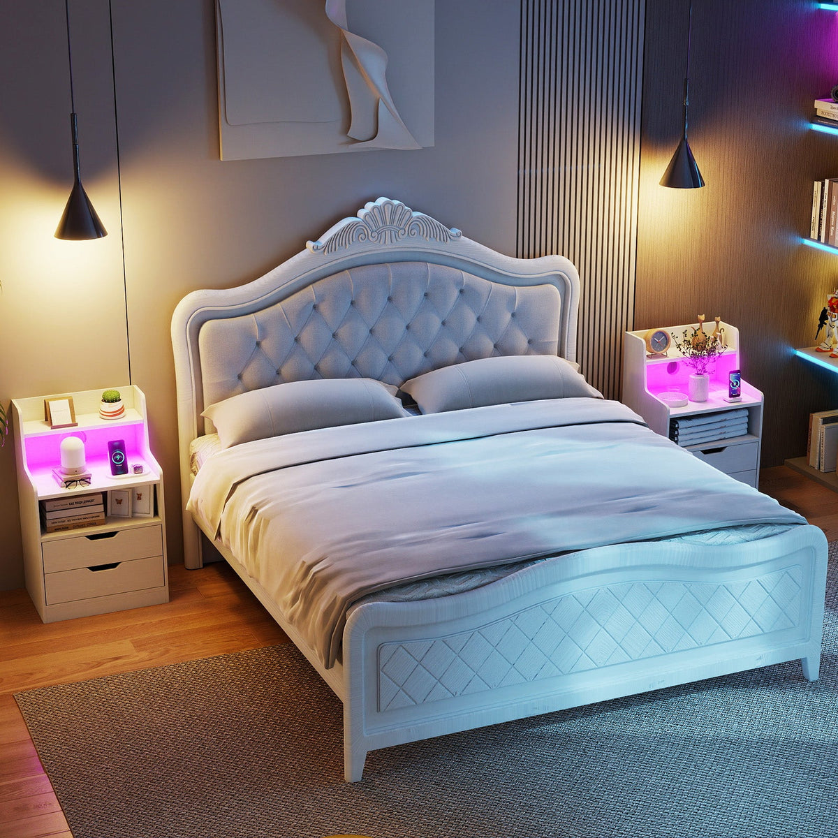 Nightstand with LED Light and Charging Station for Living Room Bedroom-White