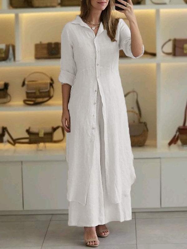 Slim-Fit Cotton Linen Long Shirt Wide-Leg Pants Suit