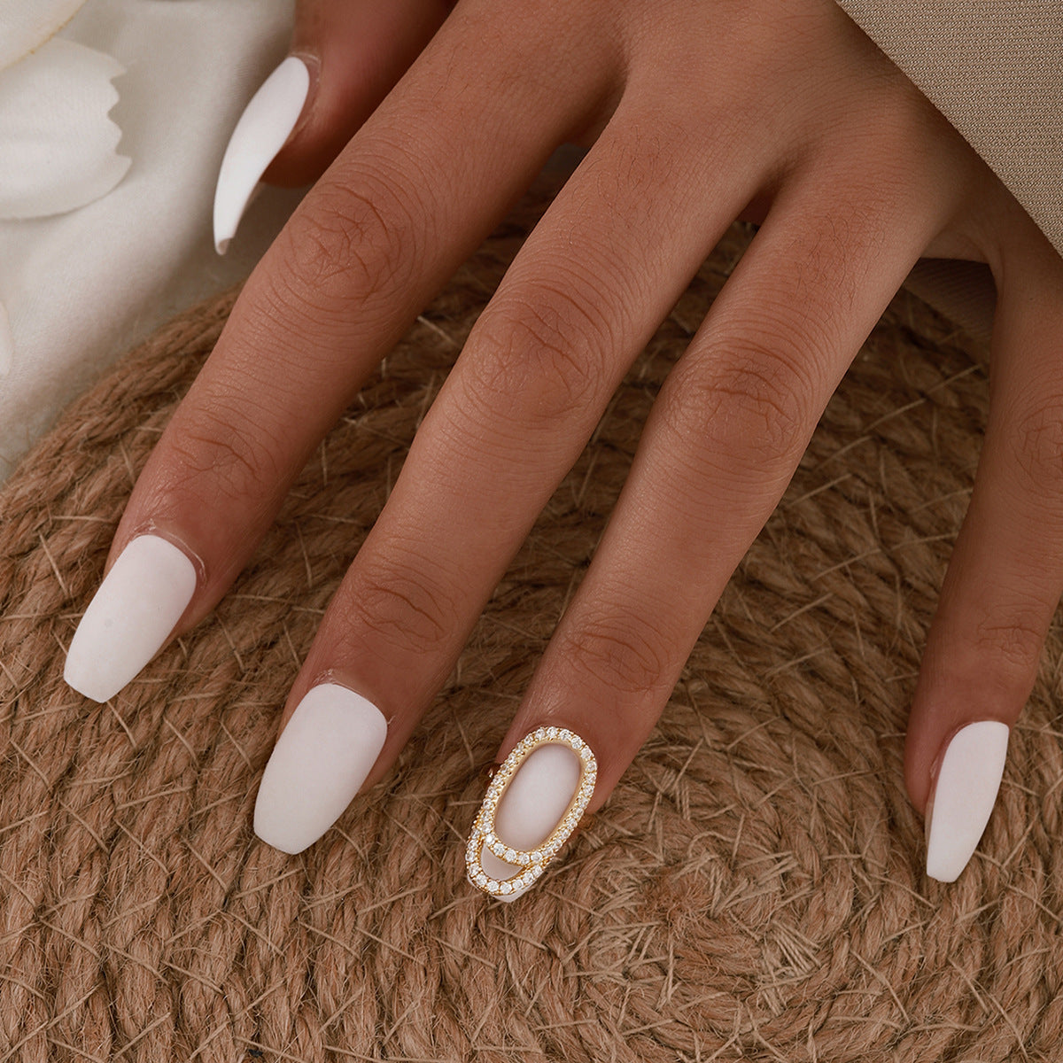 Geometric Diamond-Embedded Open Nail Ring