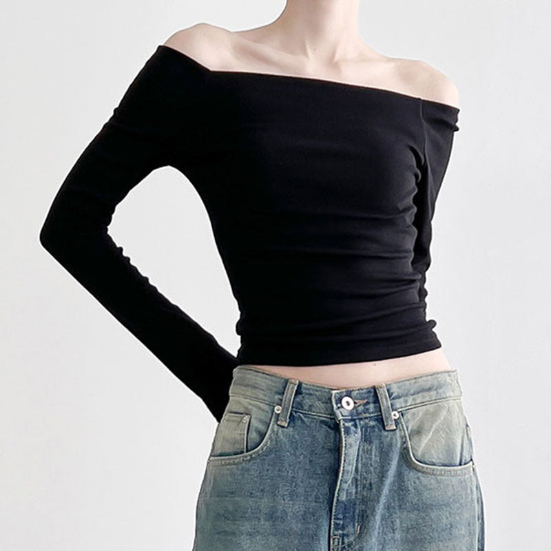 Ins Style Simple Solid Color Off-neck Shoulder-baring Bottoming T-shirt