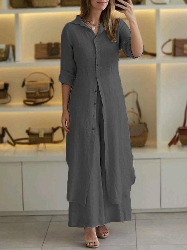 Slim-Fit Cotton Linen Long Shirt Wide-Leg Pants Suit