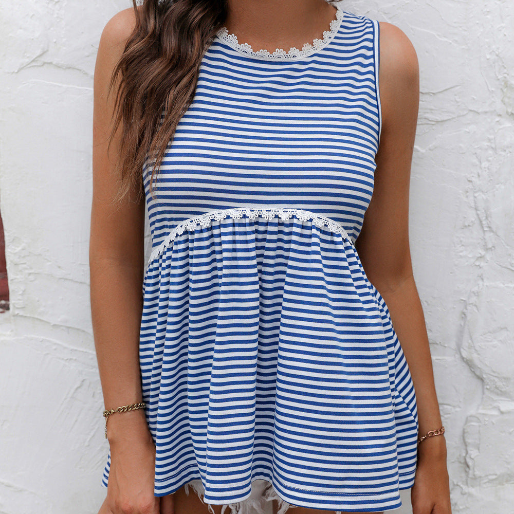 Lace Patchwork Round Neck Striped Knitted Vest