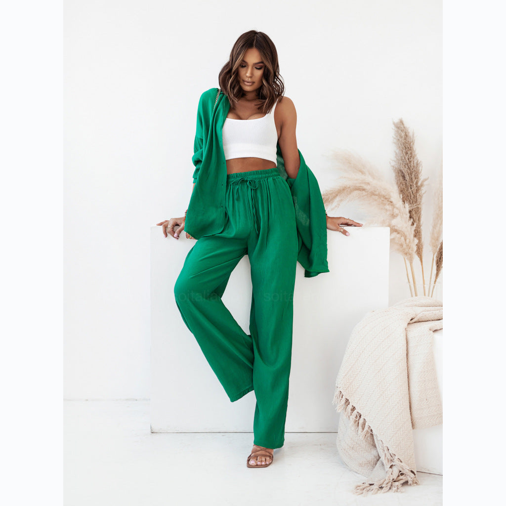 Solid Color Long Sleeve Blouse Pants