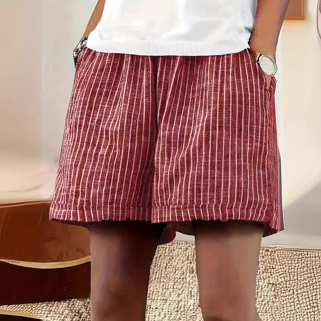 Women's Casual Cotton And Linen Stripes Shorts