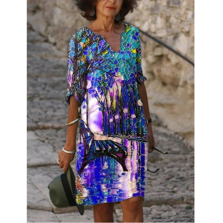 Women's Printed Loose Bamboo Fiber Linen Floral Short Sleeves