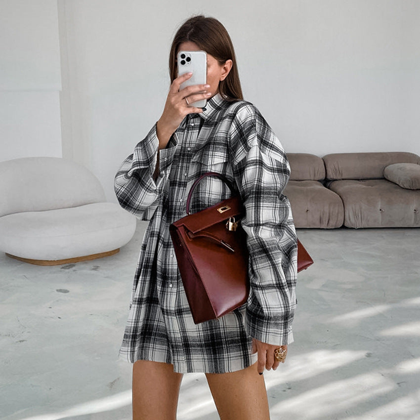 Black And White Plaid Shirt Loose Bandage Dress Women's