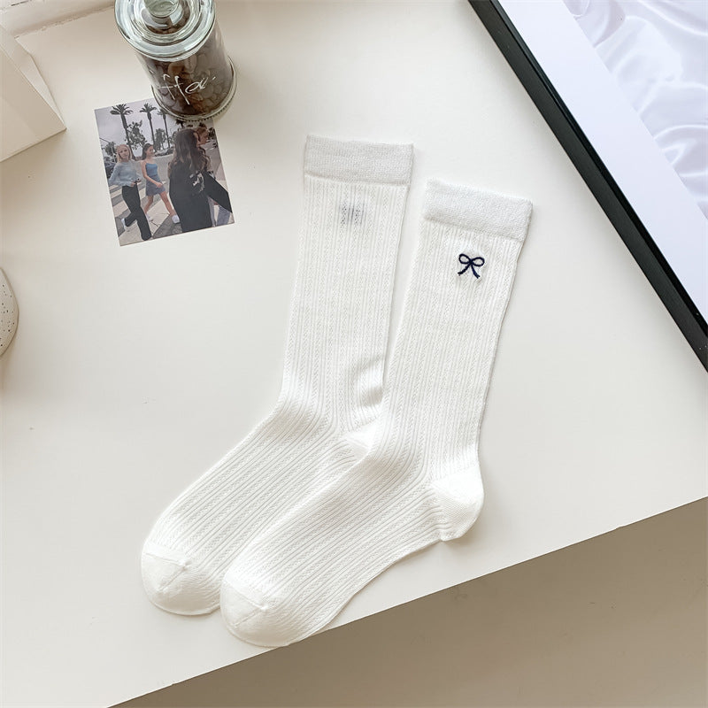 Bow Embroidery Hollow Thin Female Middle Tube Socks