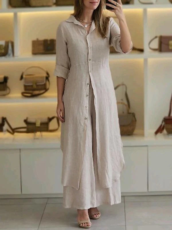 Slim-Fit Cotton Linen Long Shirt Wide-Leg Pants Suit