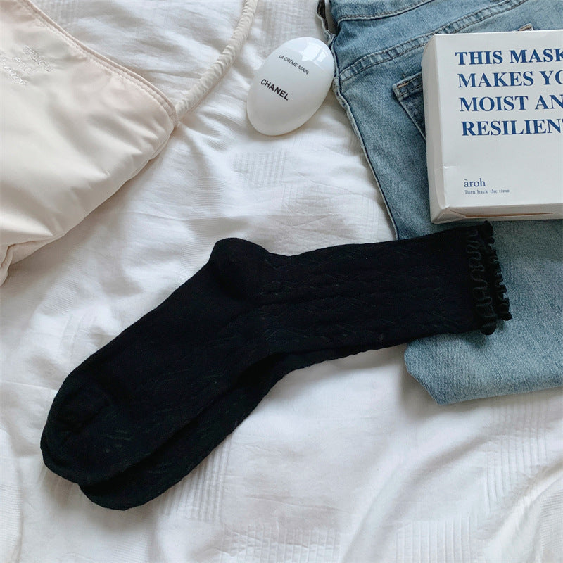 Mesh Hollow Wooden Ear Mid-Calf Socks