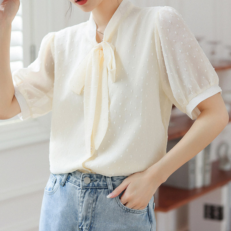 Bow Lace-up Polka Dots Short Sleeve Top
