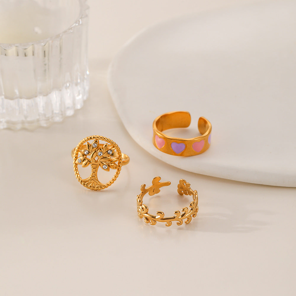 Gold Stainless Steel Heart-shaped Ring Suit