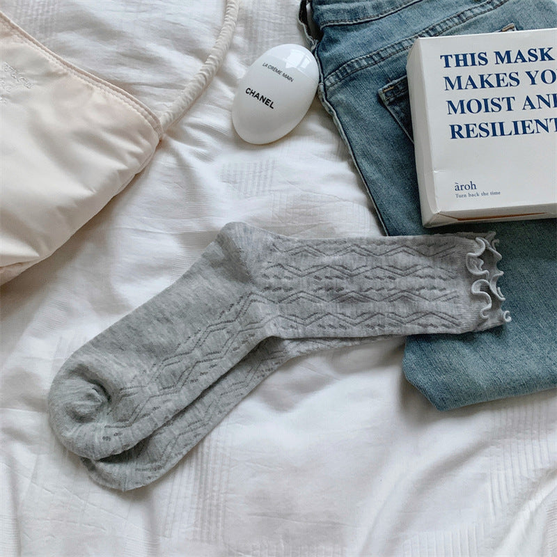 Mesh Hollow Wooden Ear Mid-Calf Socks