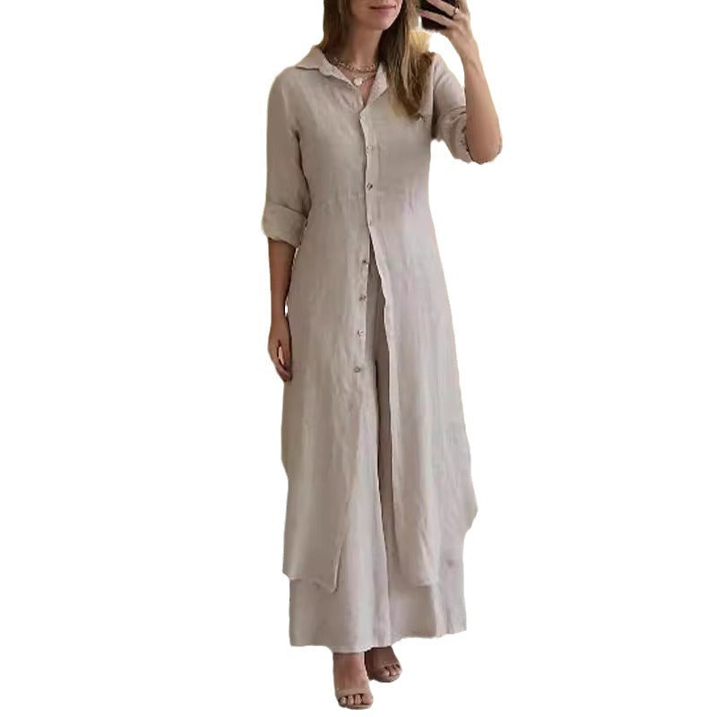 Slim-Fit Cotton Linen Long Shirt Wide-Leg Pants Suit
